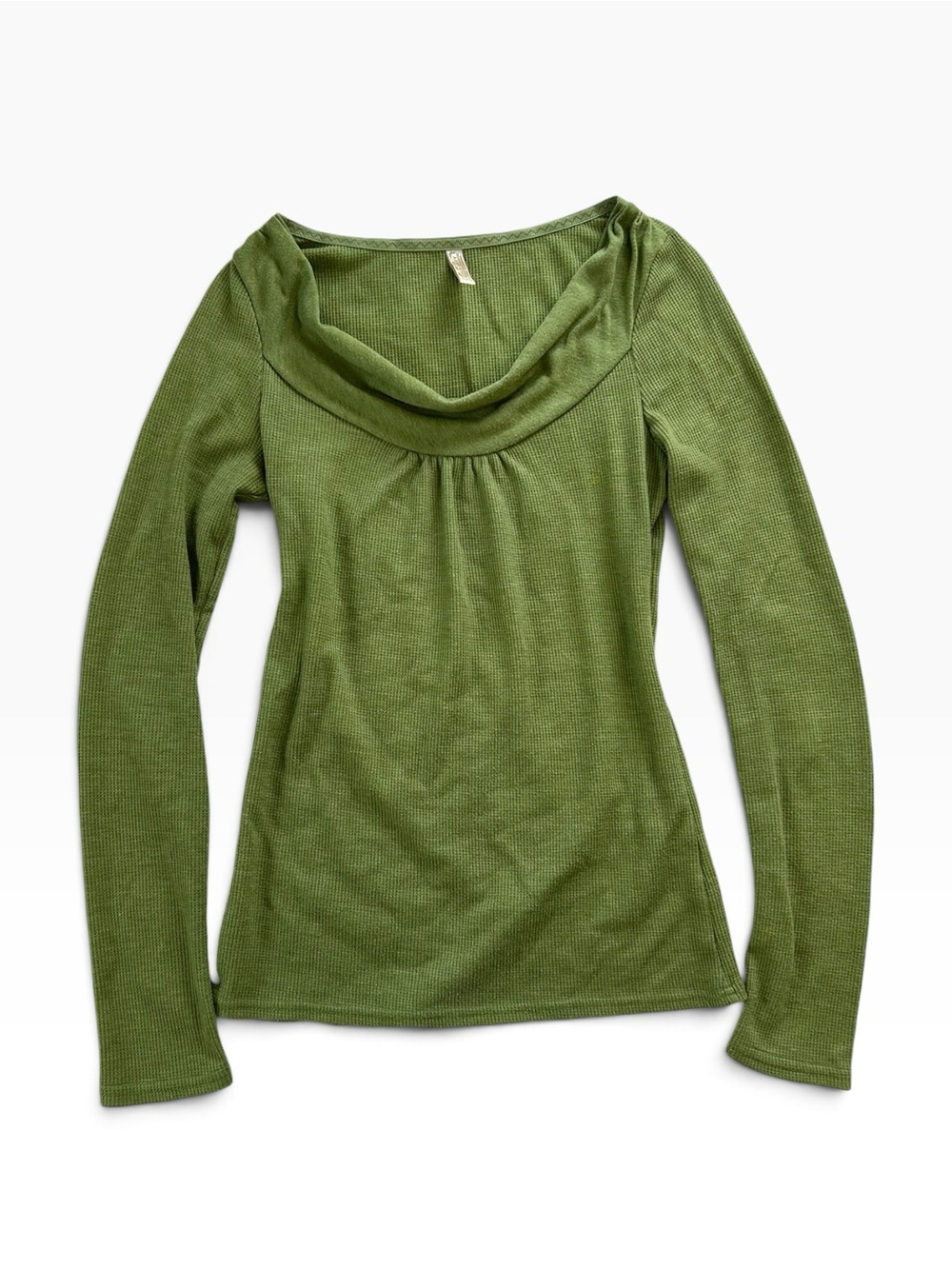 Olive Green Y2K Long Sleeve Scoop Cowl Neck Henley Top